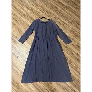 Weaver Dress Womens Medium Gray Long Sleeve Cotton Crinkle A-Line Pintuck Midi